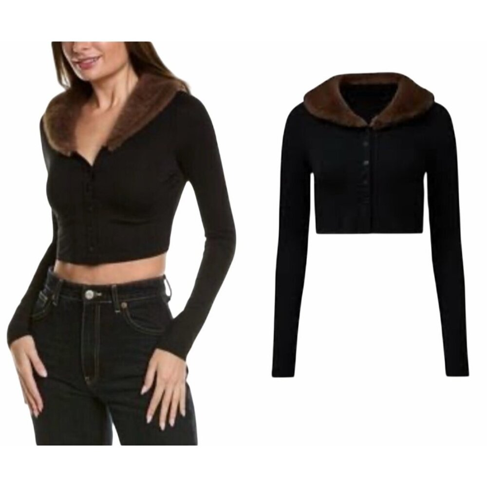 WeWoreWhat Black Button Front Crop Cardigan Sz M Faux Fur Collar Sweater NWT